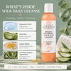 Ingredient list for Glimmer Goddess organic facial cleanser featuring hyaluronic acid, aloe vera and jojoba beads