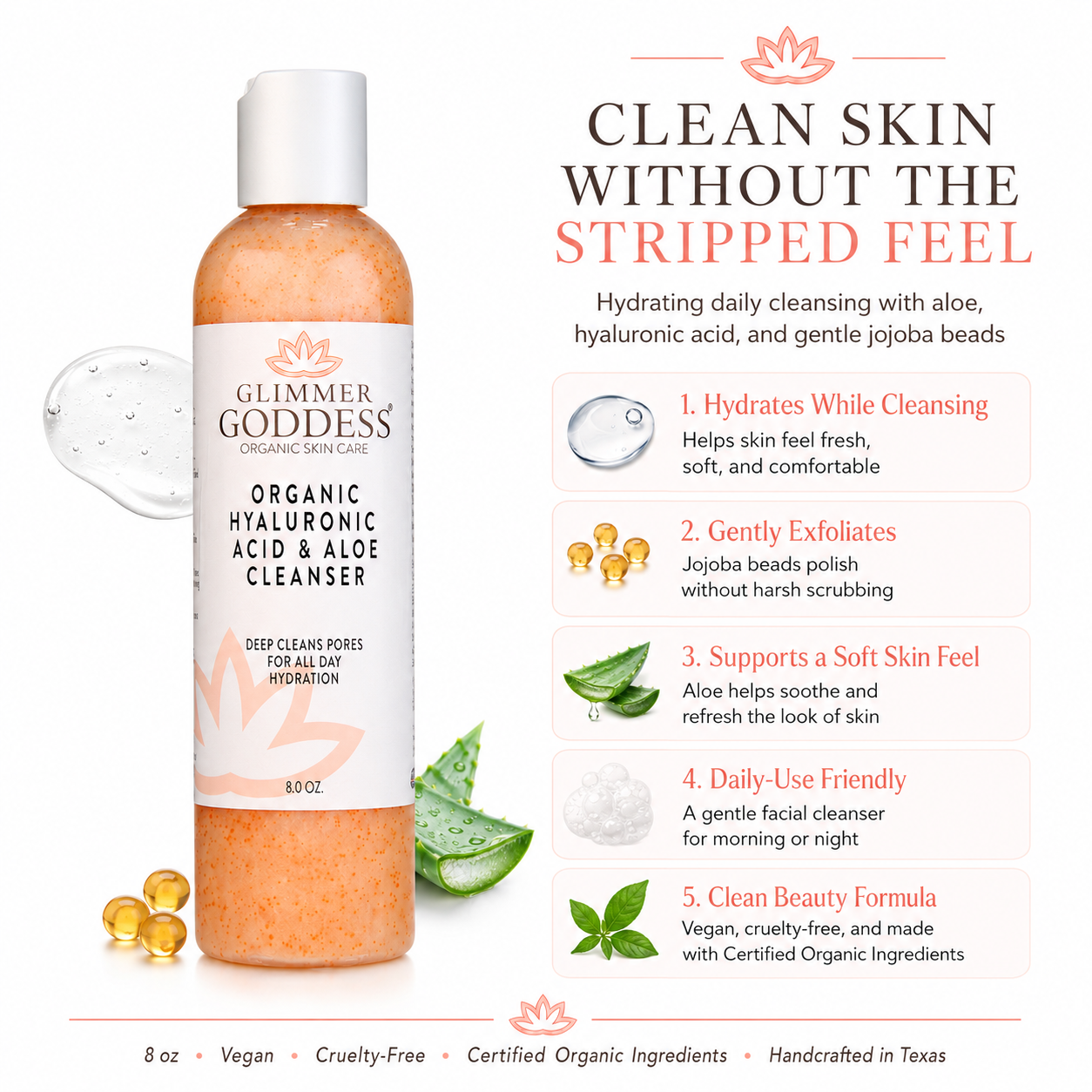 Close-up of Glimmer Goddess organic hydrating face wash 8 oz, vegan and cruelty-free cleanser made in Texas