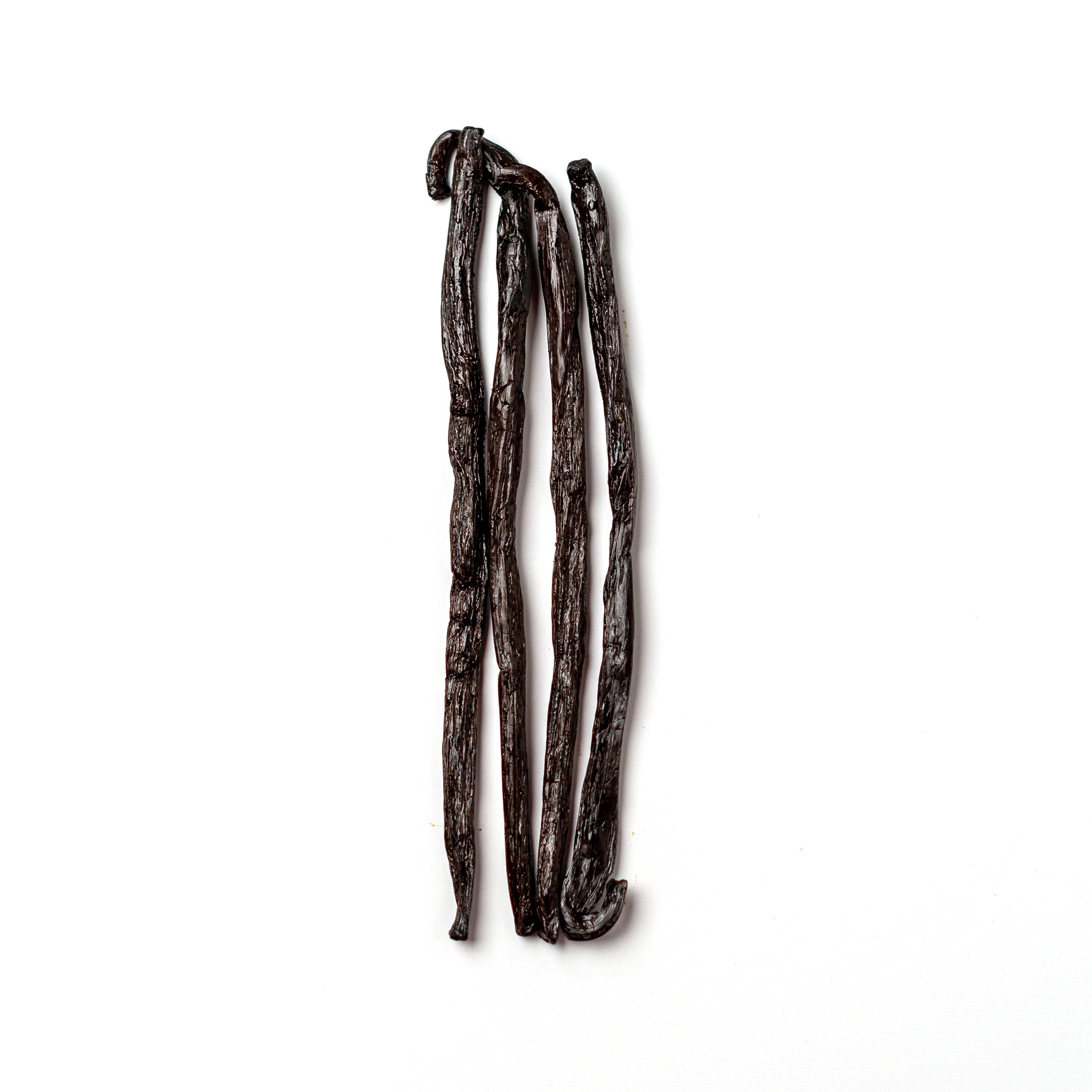 Three vanilla beans on a white background