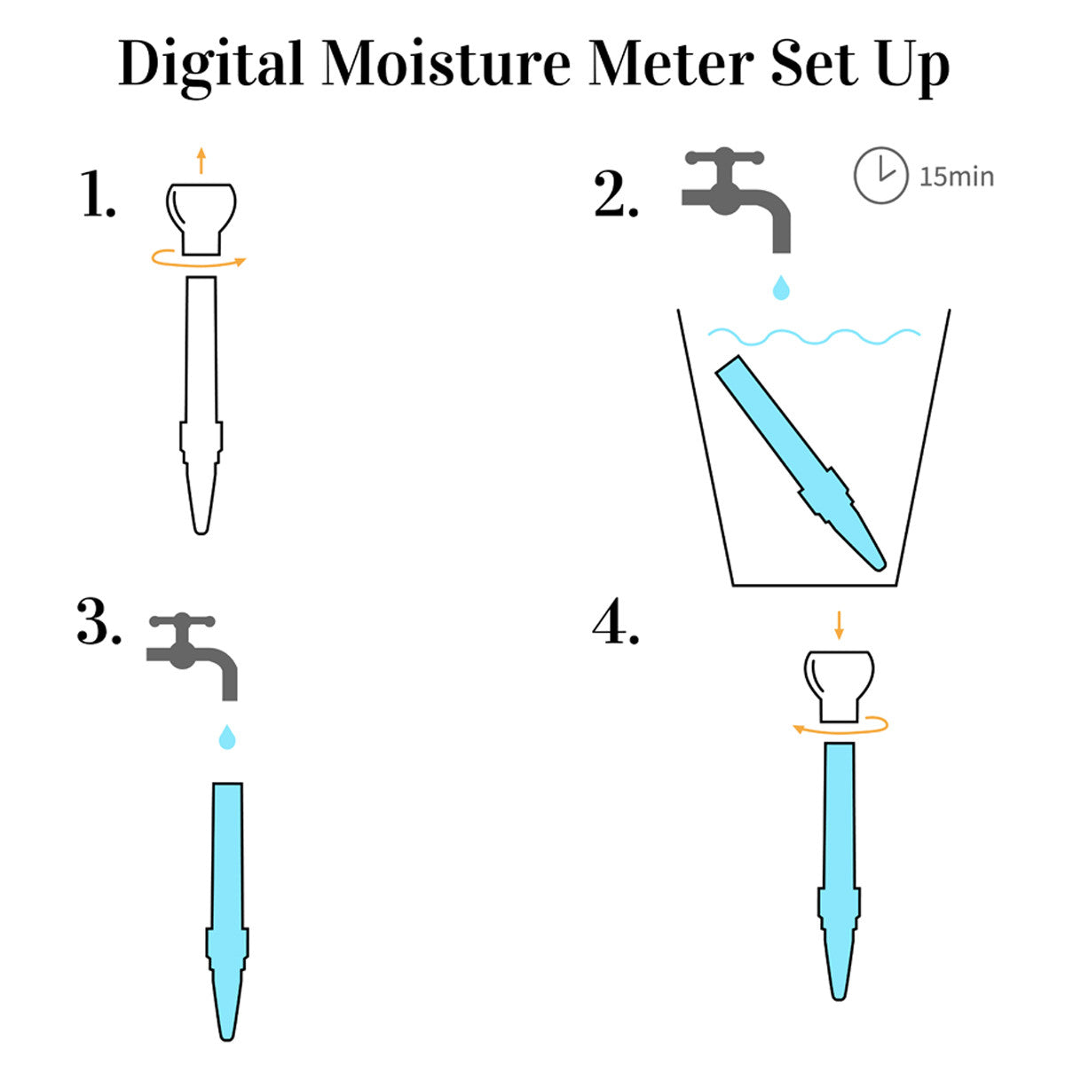 Step-by-step guide for setting up a digital moisture meter with illustrations and text.