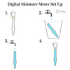 Step-by-step guide for setting up a digital moisture meter with illustrations and text.