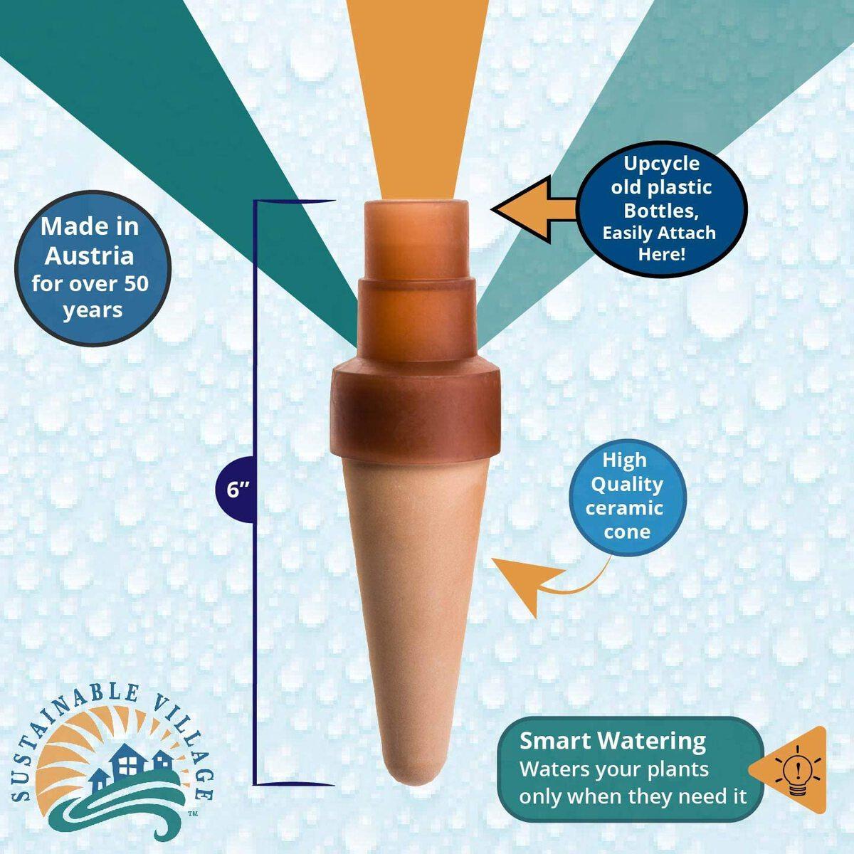 Smart watering device with features highlighted on a blue background