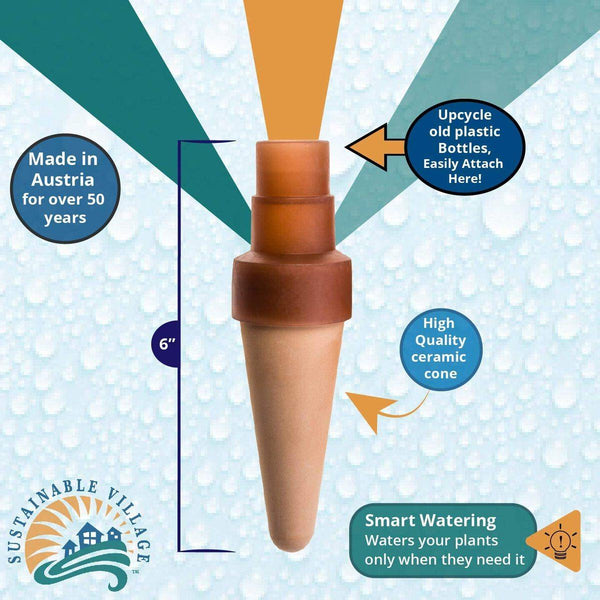 Smart watering device with features highlighted on a blue background