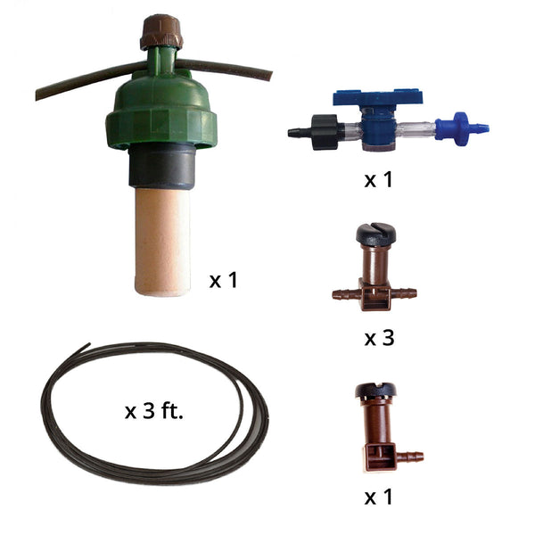 Close-up of Bonsai Kit Compact components including quick-connect valve and drippers for compact bonsai pot watering