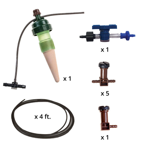 Blumat Large Bonsai Kit with carrot sensor, 6 distribution drippers, and quick connect valve for automatic self-watering of bonsai pots