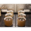 Brown fabric pots with soil and plants on a metal grid, against a metallic background.