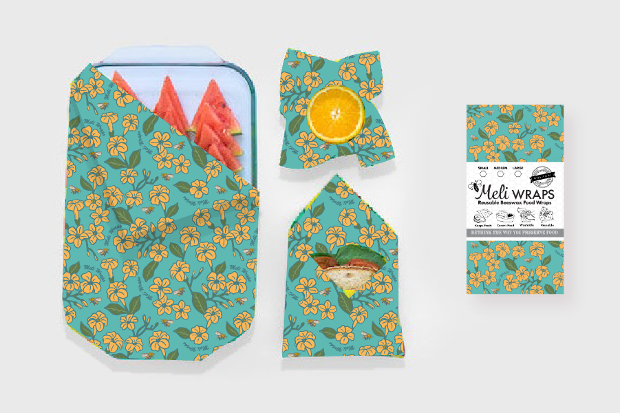 Puakenikeni & Bee Gift Set by Meli Wraps with beeswax wraps, cotton towels, and Swedish dishcloths