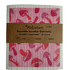 Pink Mushroom Swedish Dish Cloth Set of 3 laid out on a kitchen counter