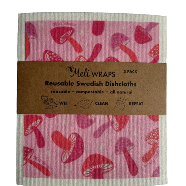 Pink Mushroom Swedish Dish Cloth Set of 3 laid out on a kitchen counter