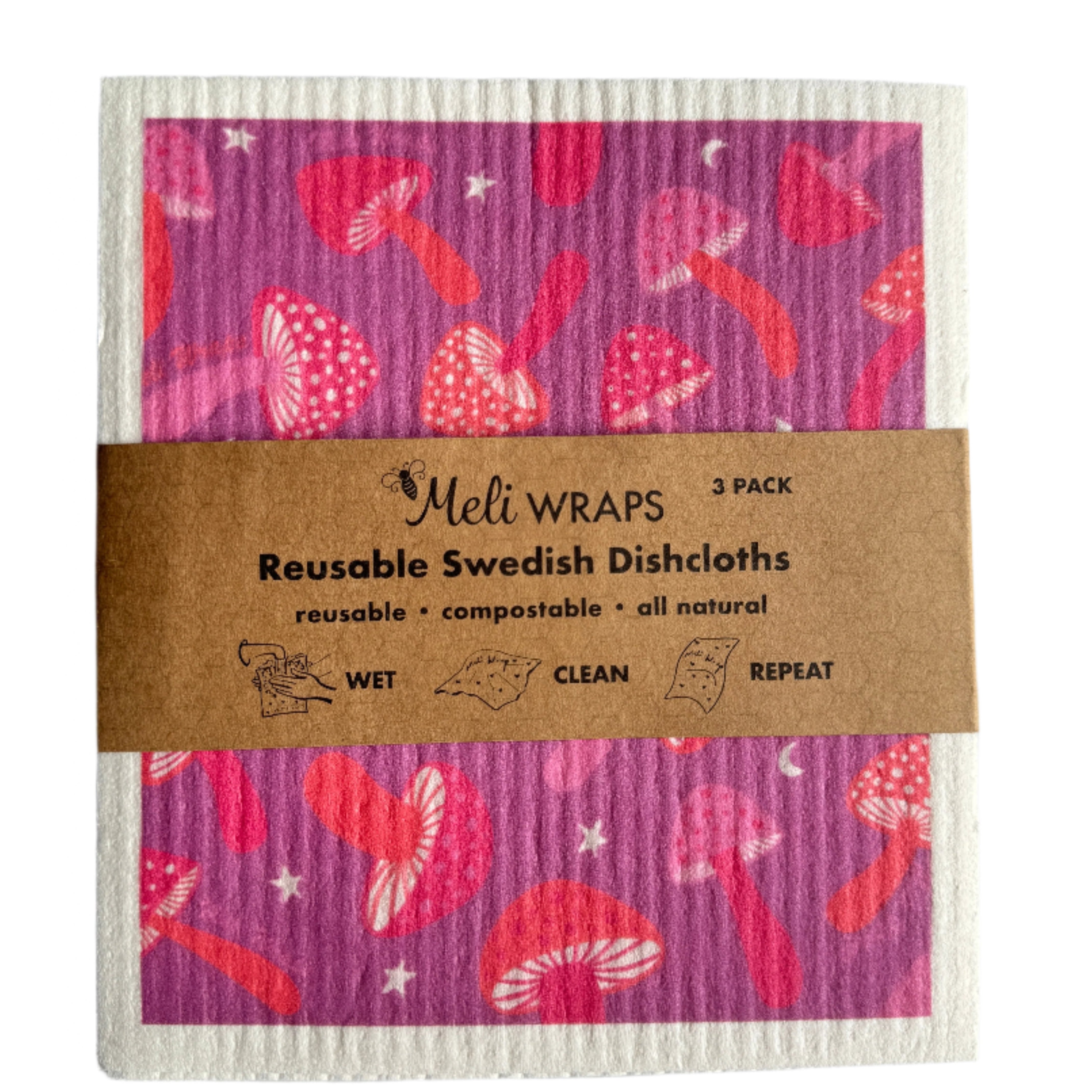 Purple Mushroom Swedish Dish Cloth Set of 3 laid out on a kitchen counter