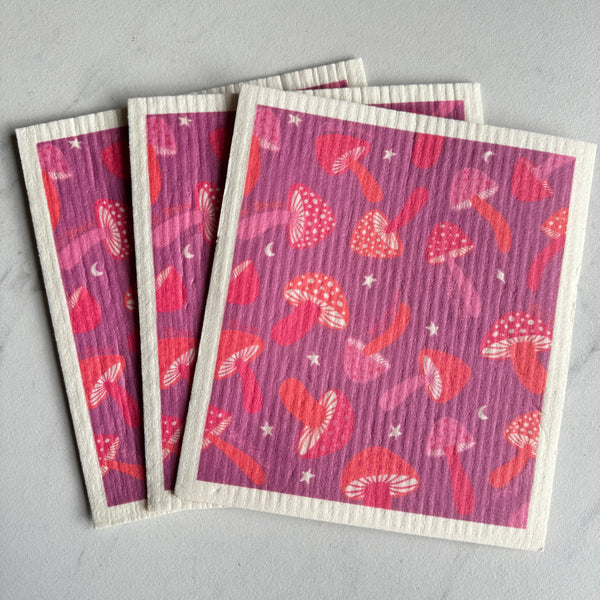 Purple Mushroom Swedish Dish Cloths shown individually to display the print design