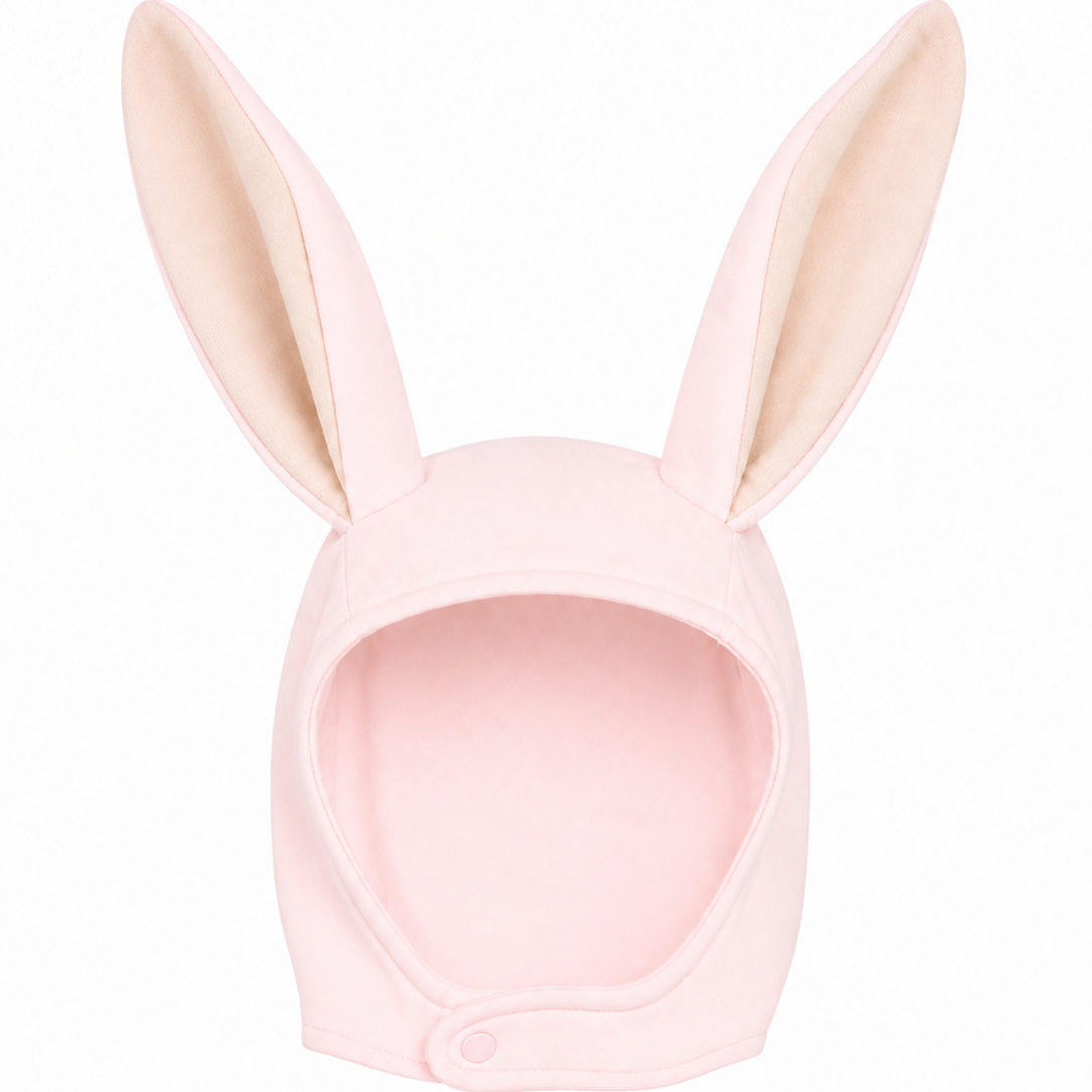 Pink Bunny Bonnet with lop ears laid flat, showing soft cotton fabric