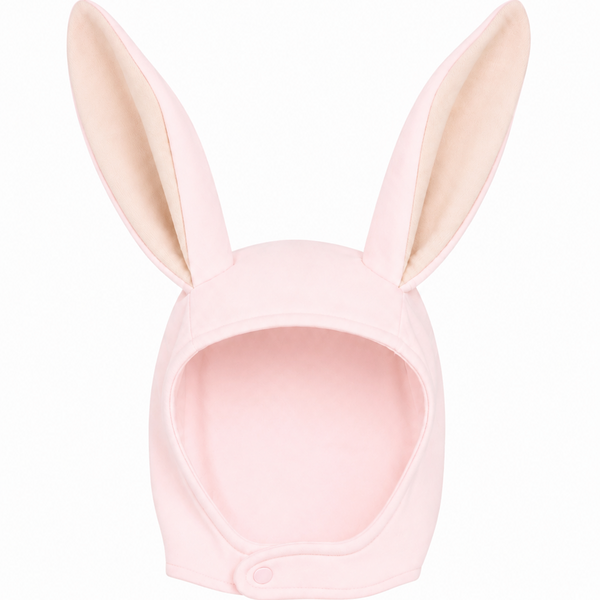 Pink Bunny Bonnet with lop ears laid flat, showing soft cotton fabric