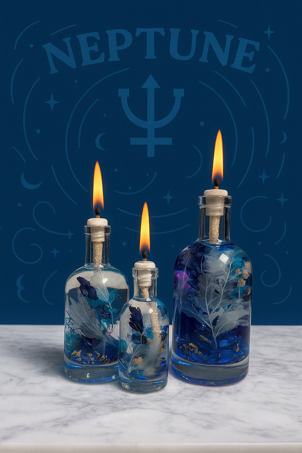 Decorative bottles with blue floral designs and lit candles against a dark blue background with 'Neptune' text.