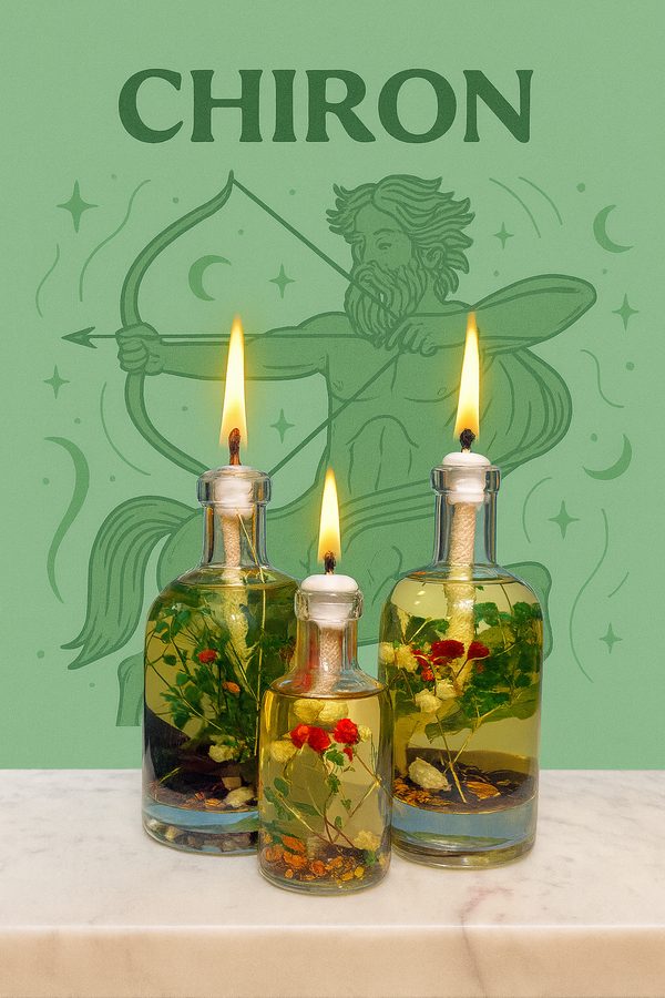 Three lit bottles with plants inside against a green background with 'CHIRON' and a astrological design.
