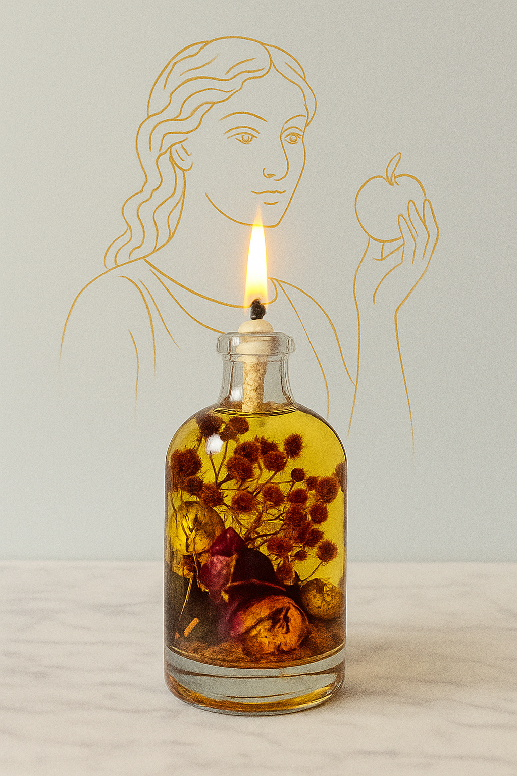 Glass bottle with floral contents and lit candle against a light background with a woman holding an apple outline.