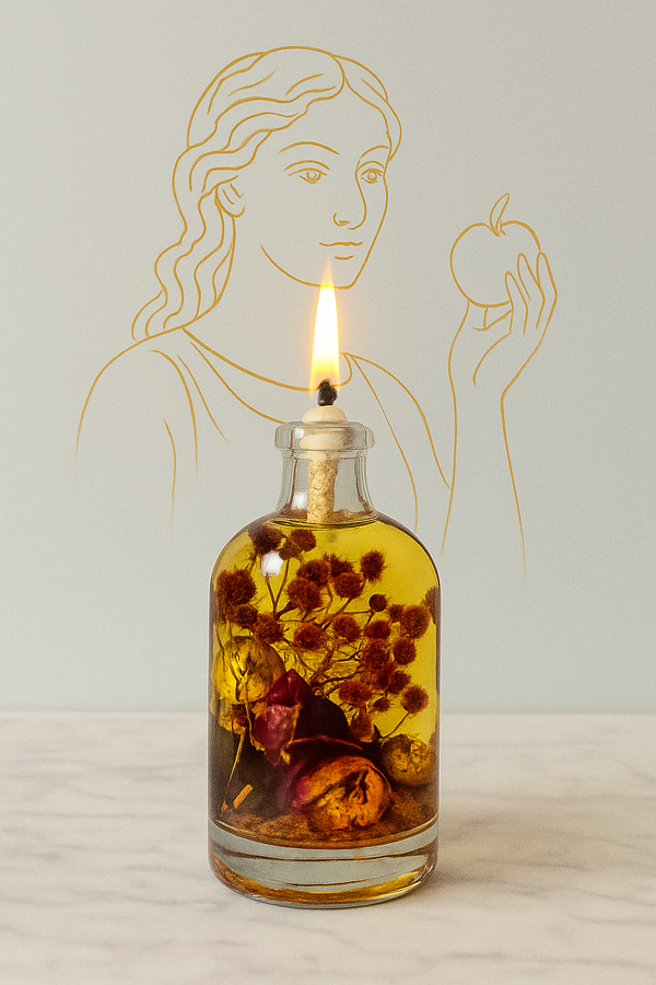 Glass bottle with floral contents and lit candle against a light background with a woman holding an apple outline.