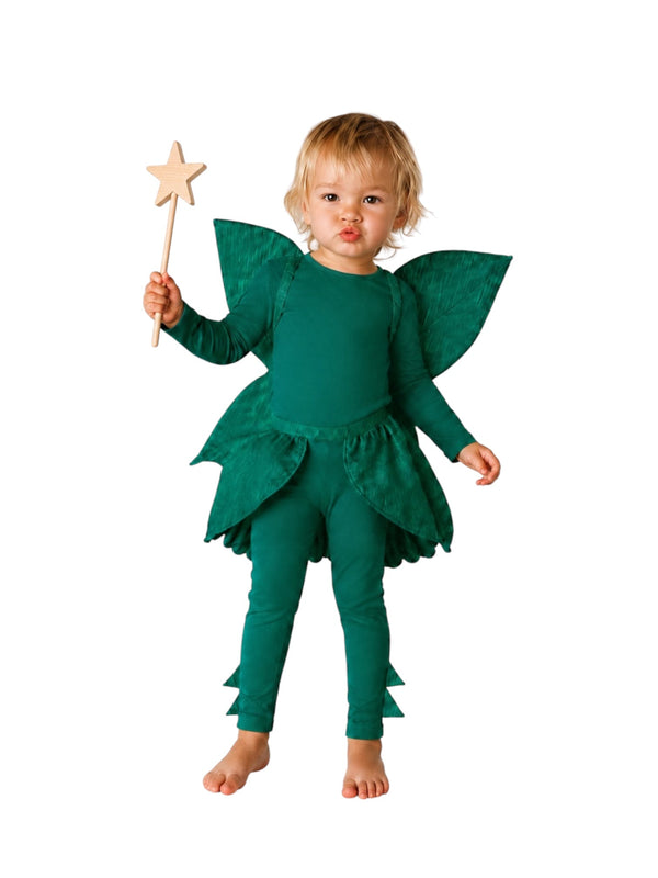Child wearing the handmade Tinker Bell fairy costume with petal skirt and star wand