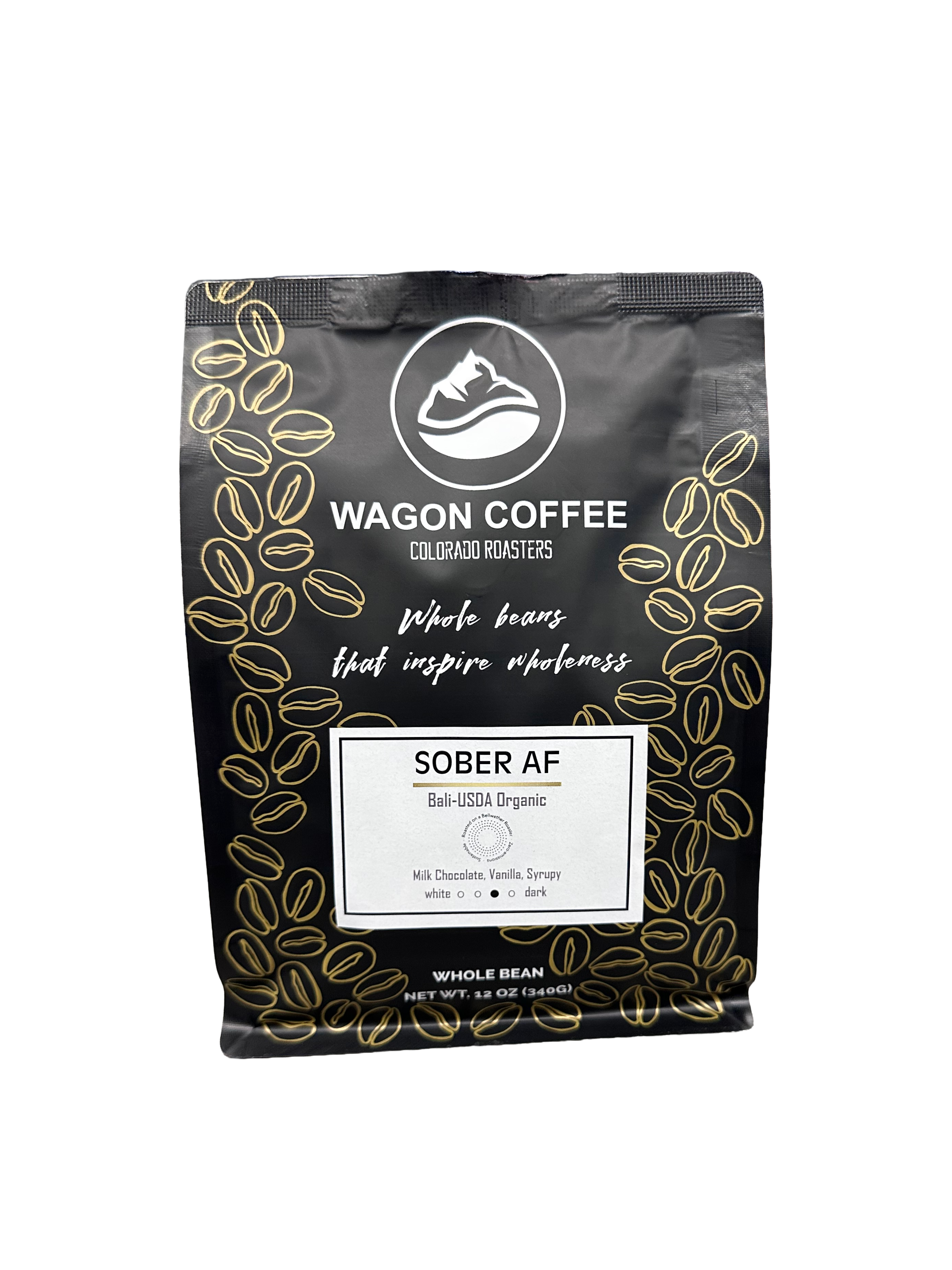 Sober AF USDA Organic Bali medium roast coffee bag by Wagon Coffee — chocolate, vanilla, and earthy tasting notes