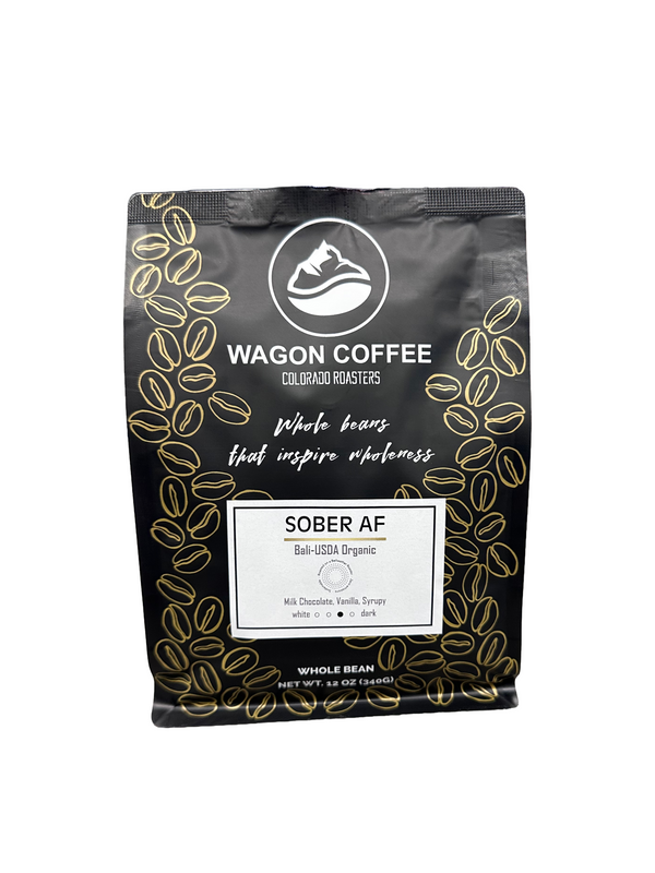 Sober AF USDA Organic Bali medium roast coffee bag by Wagon Coffee — chocolate, vanilla, and earthy tasting notes