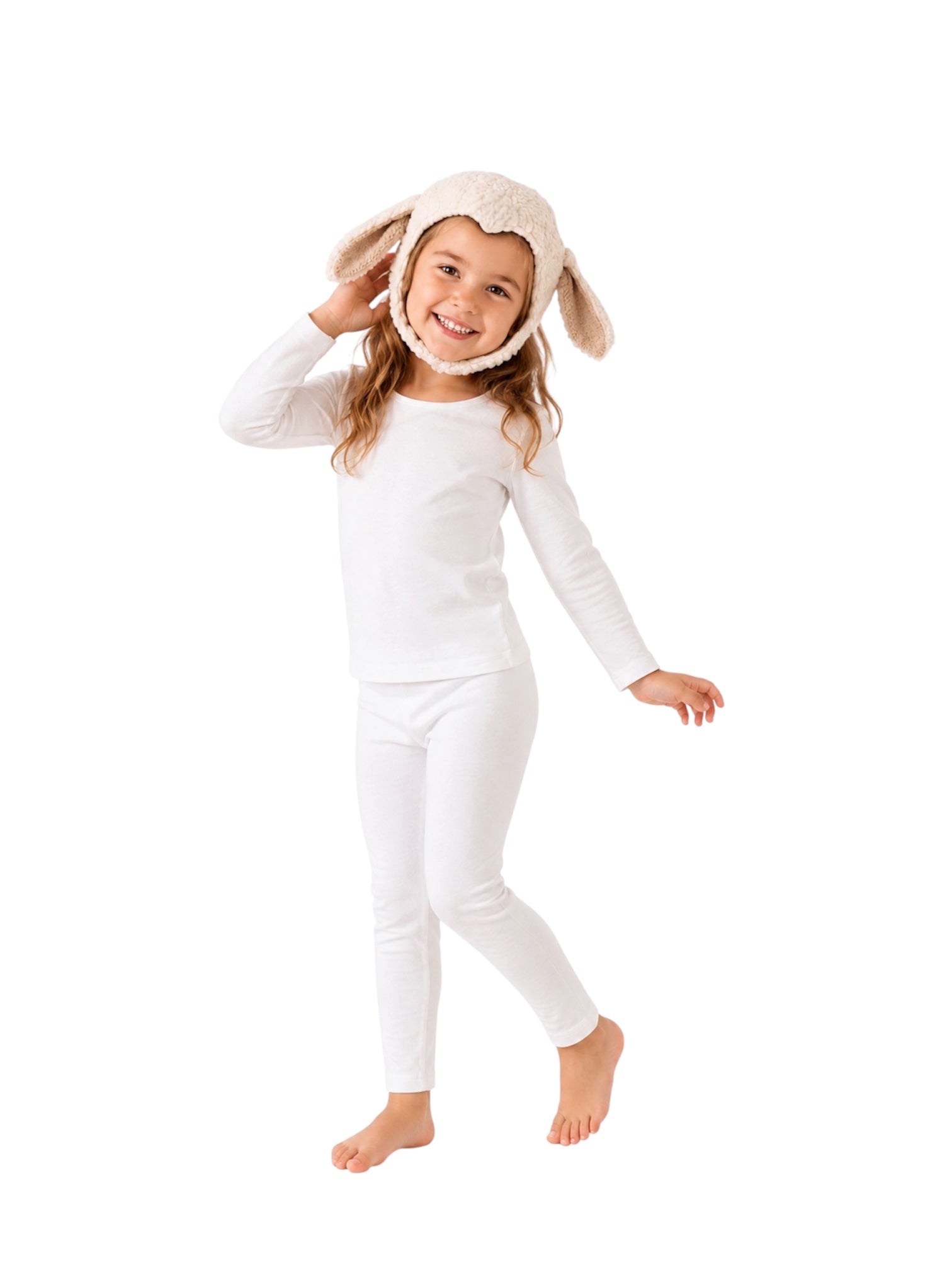 White Sheep Costume with cotton pajama top and bottom, textured sheep hat with tan inner ears, and lamb tail waistband