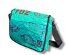 Teal bag with fish design and text on a white background