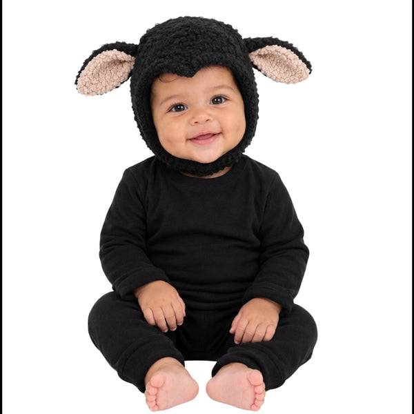 Baby Black Sheep Halloween Costume with soft cotton top and bottom and textured sheep hat