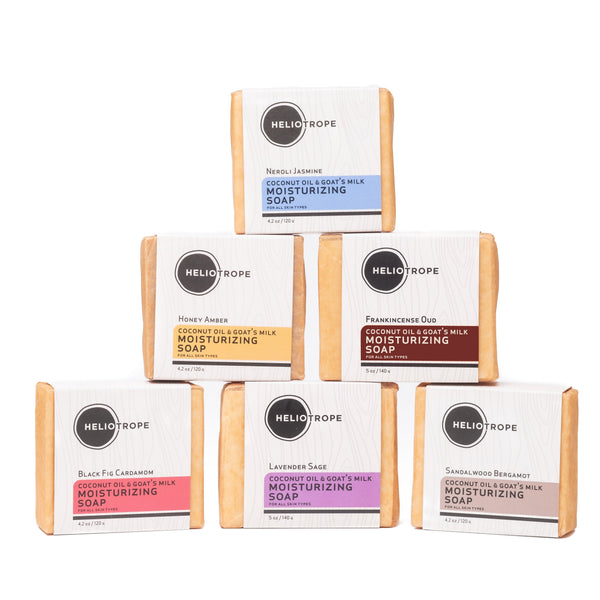 Heliotrope SF coconut oil and goat's milk soap bars in multiple scents including Frankincense Oud and Honey Amber