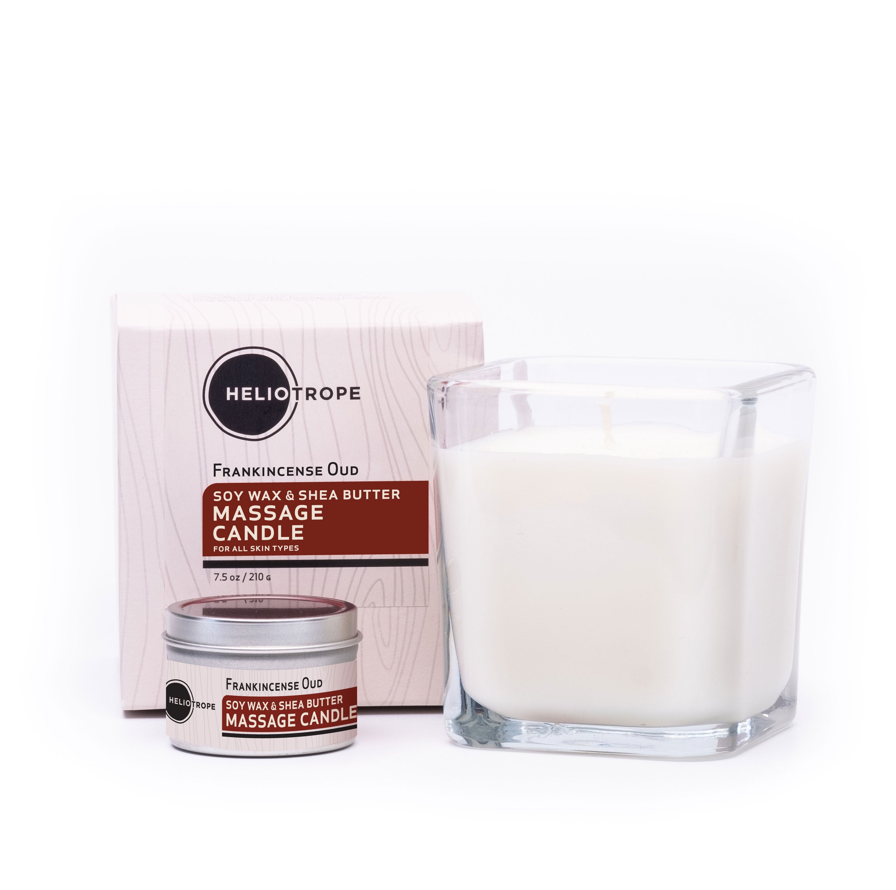 Heliotrope SF massage candle fragrance options including Frankincense Oud and Sandalwood Bergamot