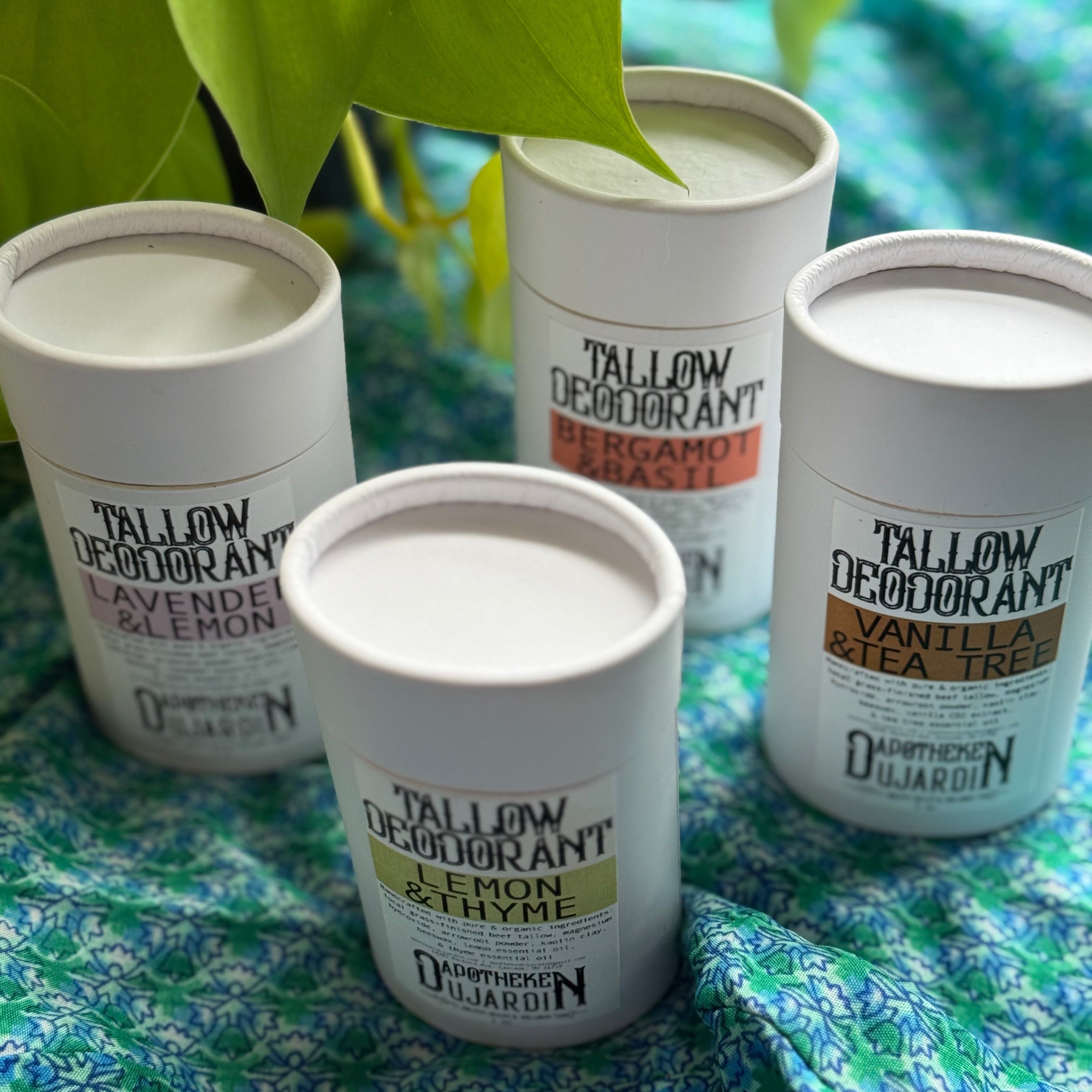 Apotheke DuJardin tallow deodorant scent options including lavender lemon and bergamot basil