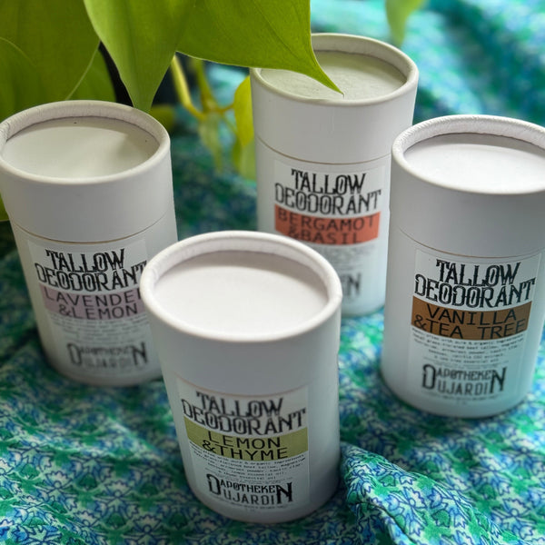 Apotheke DuJardin tallow deodorant scent options including lavender lemon and bergamot basil