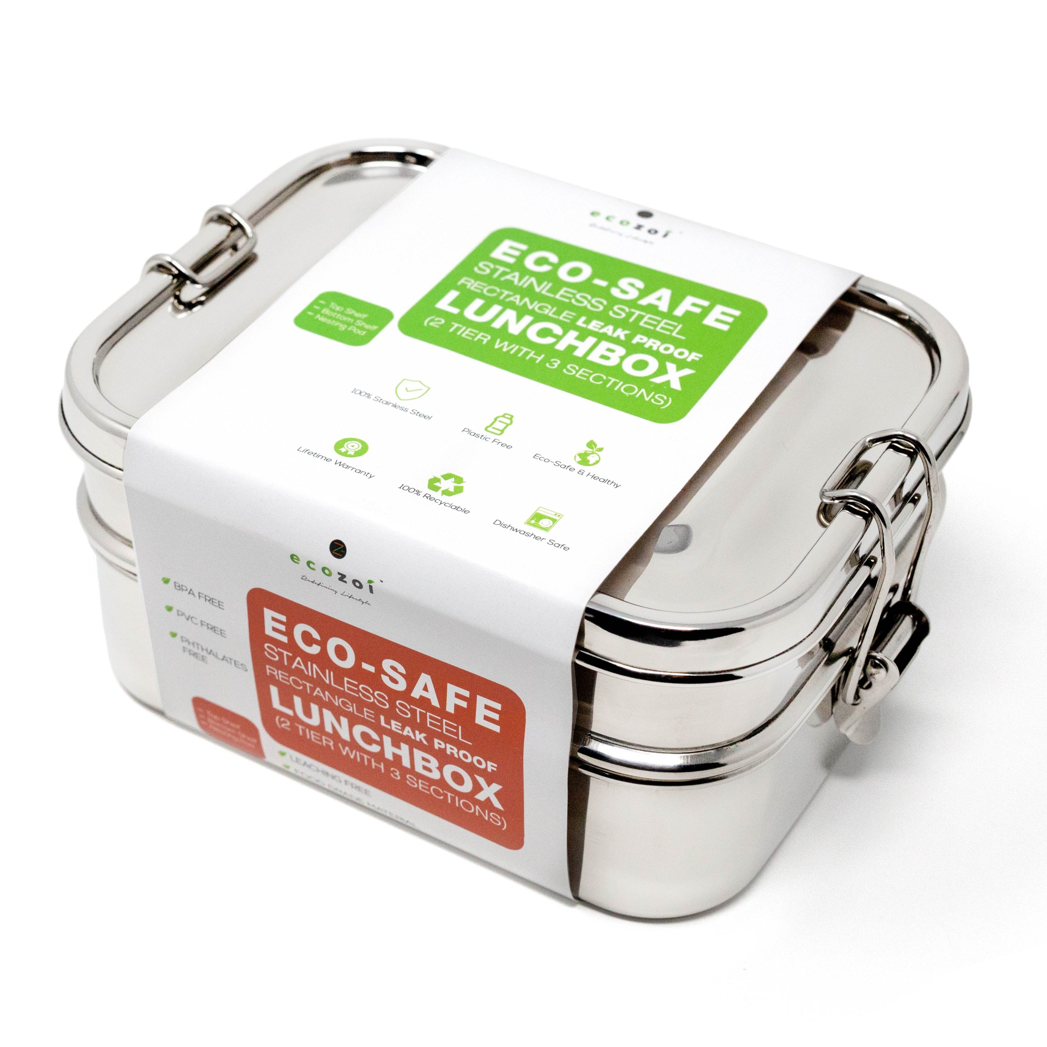 Ecozoi 2-tier stainless steel bento lunch box with orange silicone band and mini sauce pod, solid print, 60 oz