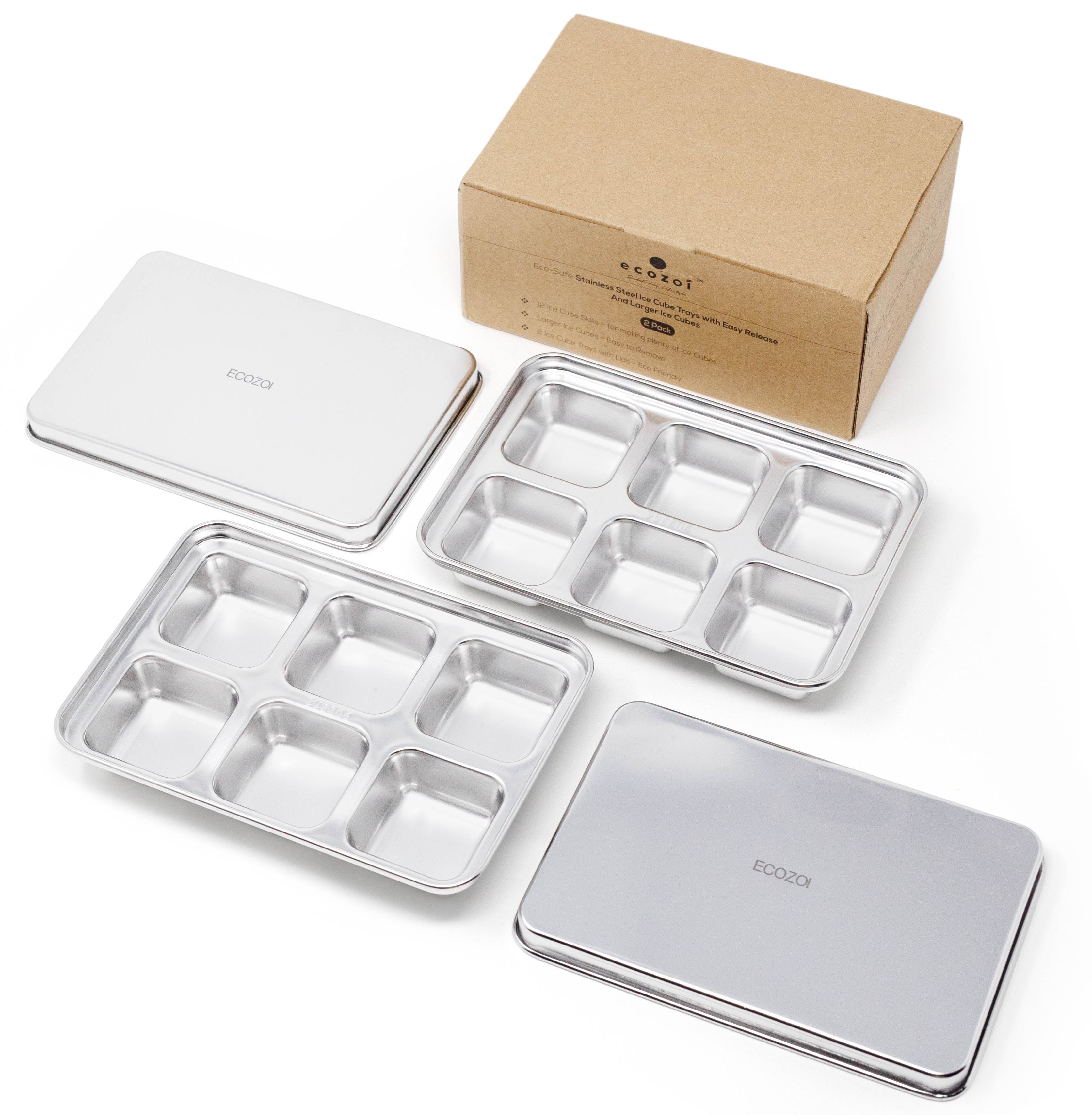 Ecozoi stainless steel ice cube tray 2 pack with 12 large cubes on a kitchen countertop