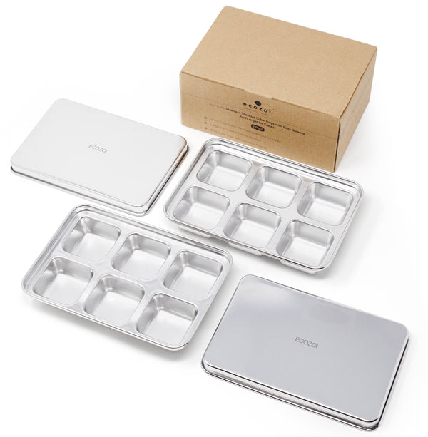 Ecozoi stainless steel ice cube tray 2 pack with 12 large cubes on a kitchen countertop
