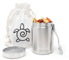 Stainless steel food container with airtight lid, drawstring bag with turtle design, and pasta salad on a white background