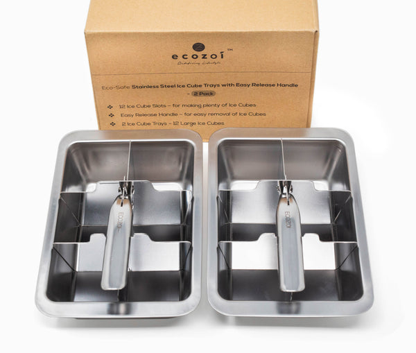 Ecozoi stainless steel ice cube trays 2 pack with easy release handle on white background