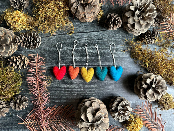 House of Moss wool heart ornaments set of 5 in rainbow colours