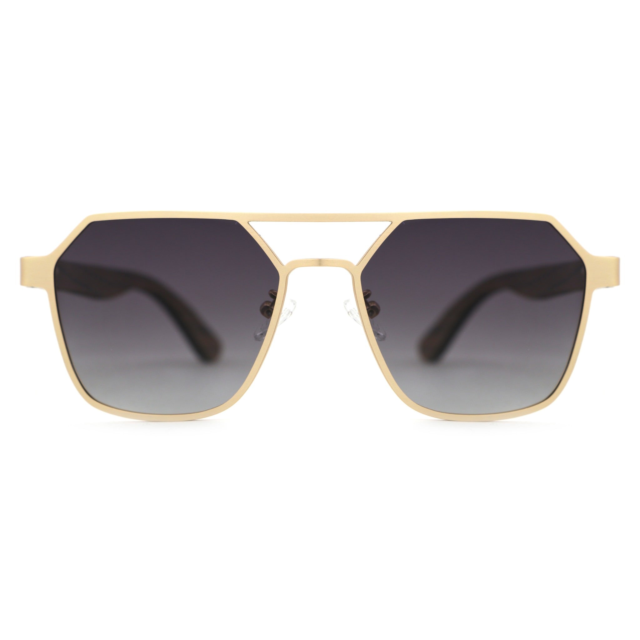 Close-up of Maverick wooden sunglasses showing abalone shell accents and walnut wood grain texture