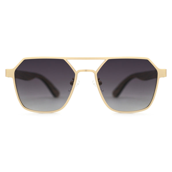 Close-up of Maverick wooden sunglasses showing abalone shell accents and walnut wood grain texture