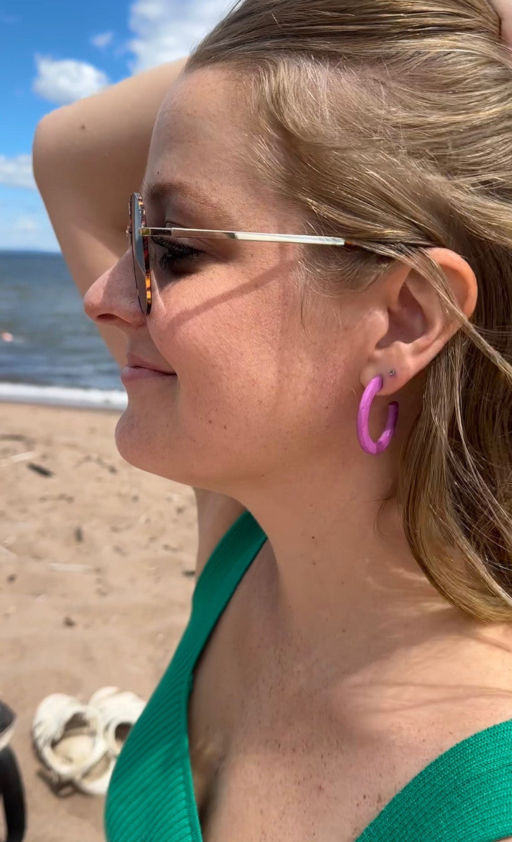 Model wearing Fair Anita Highlighter Bone Hoop Earrings — ethical and eco-friendly jewellery