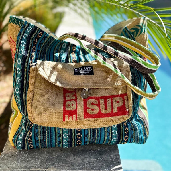 Recycled Travel Tote Goa made from upcycled burlap rice bags