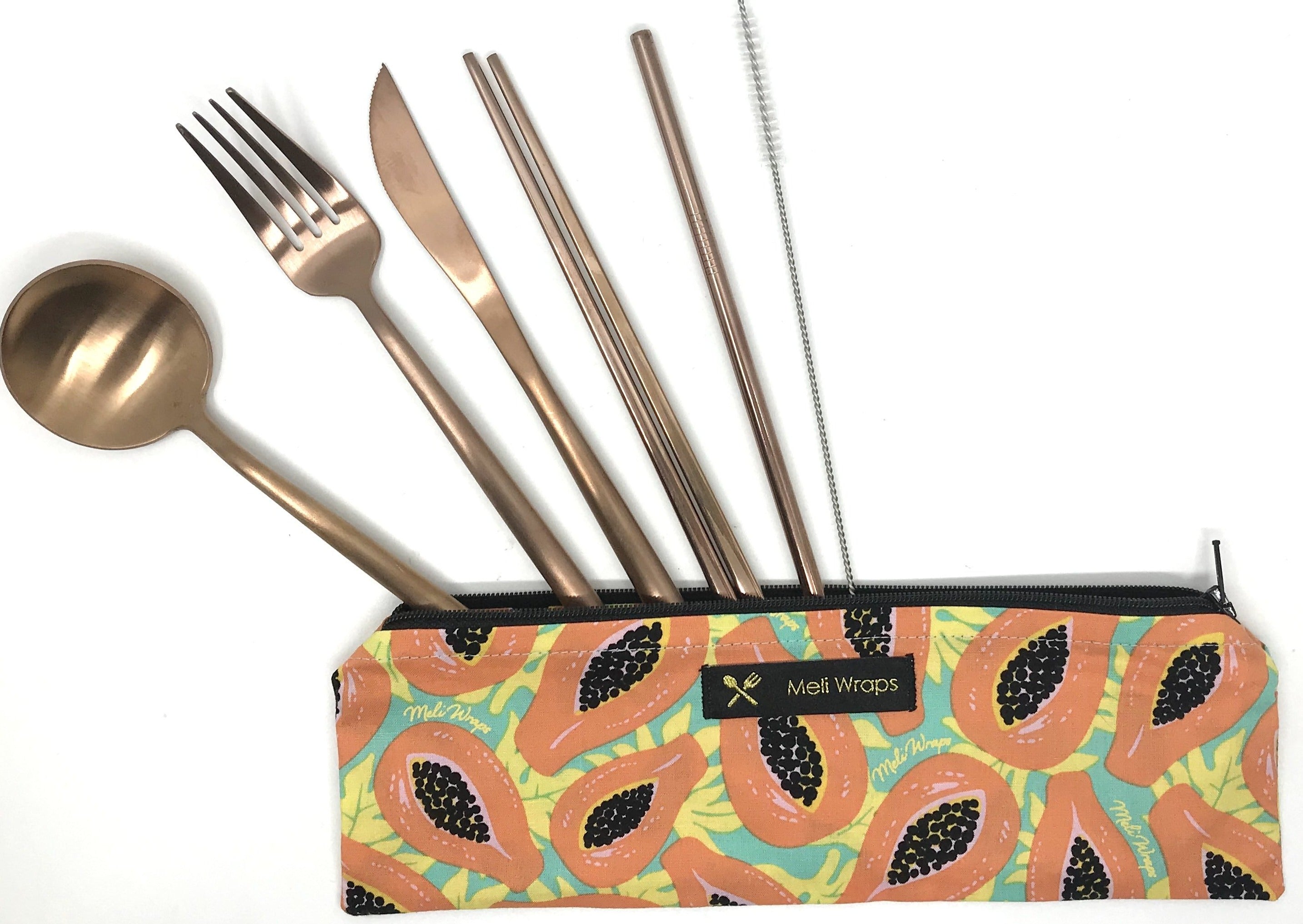 Meli Wraps Tropical Papaya reusable cutlery set laid out showing stainless steel fork, spoon, knife, chopsticks, reusable straw and straw cleaner