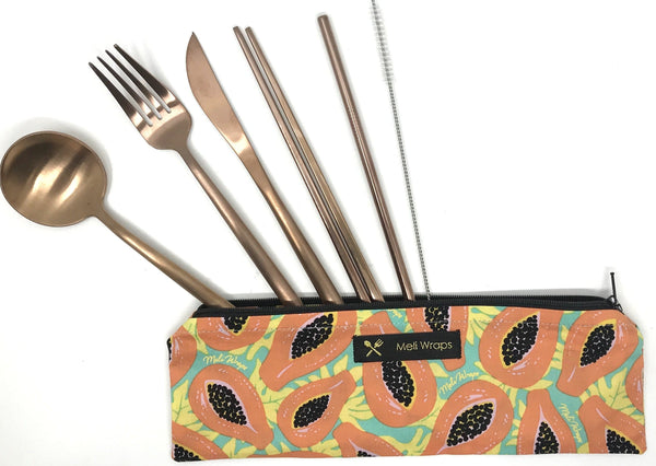 Meli Wraps Tropical Papaya reusable cutlery set laid out showing stainless steel fork, spoon, knife, chopsticks, reusable straw and straw cleaner