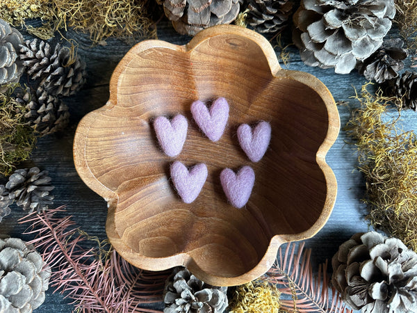 Set of five Anemone Purple felted wool hearts from House of Moss