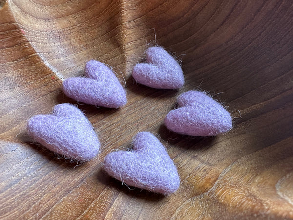 Anemone Purple felted wool hearts shown together as a set of five
