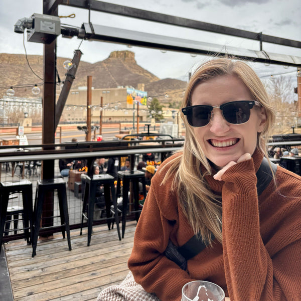Joycoast Kennedy wooden sunglasses lifestyle shot – unisex walnut frame