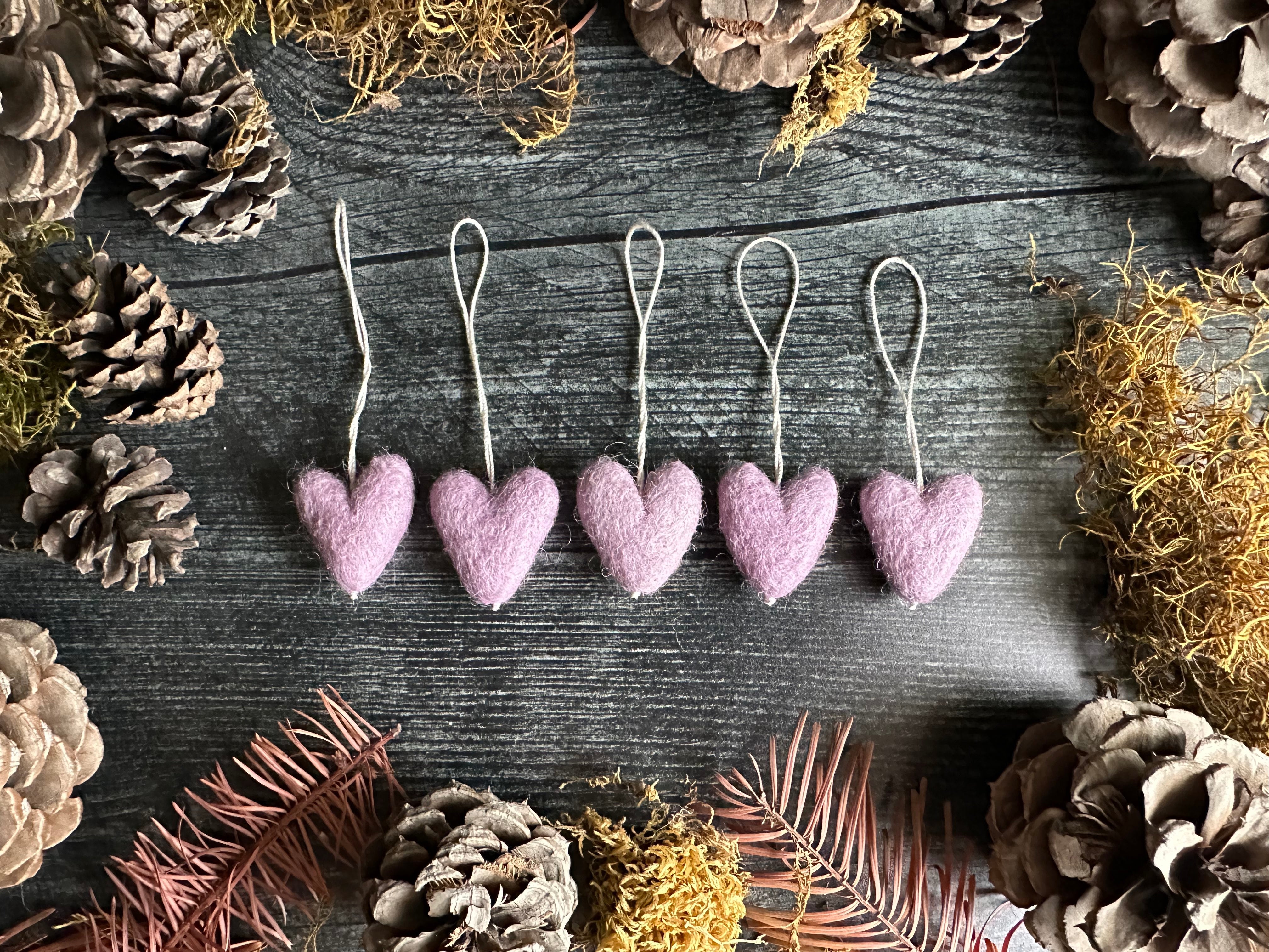 Set of five Anemone Purple needle-felted wool heart ornaments
