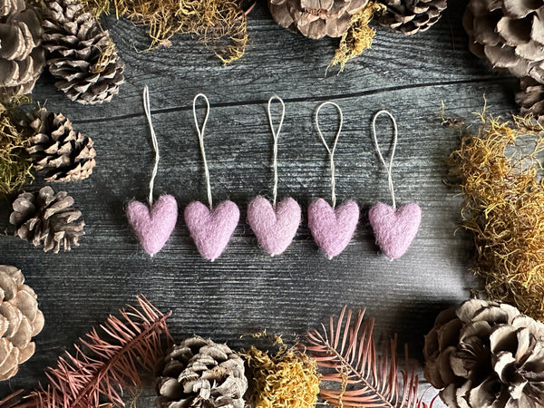 Set of five Anemone Purple needle-felted wool heart ornaments