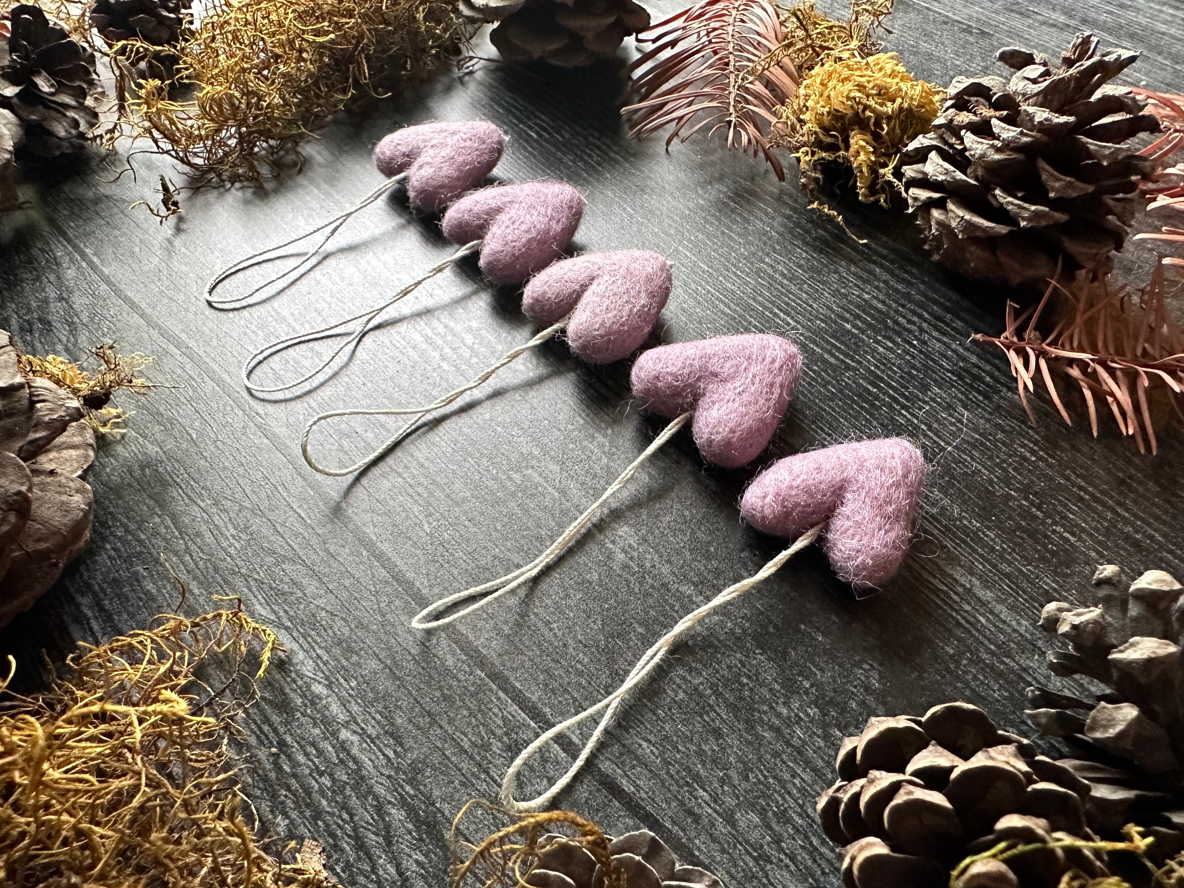 Anemone Purple needle-felted wool hearts from the House of Moss set of 5