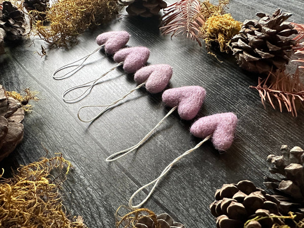 Anemone Purple needle-felted wool hearts from the House of Moss set of 5